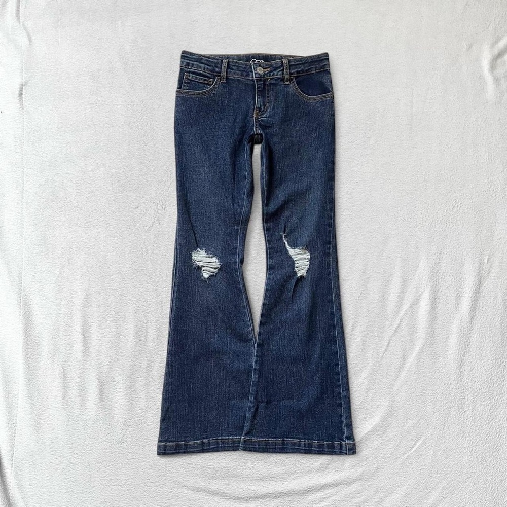 Art Class Low Rise Flare Bootcut Dark Blue Ripped Distressed Y2K Jeans, Girls 12